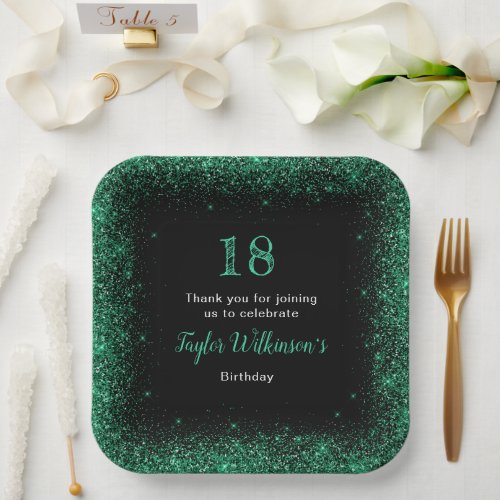 Dark Green Faux Glitter Birthday Party Paper Plates