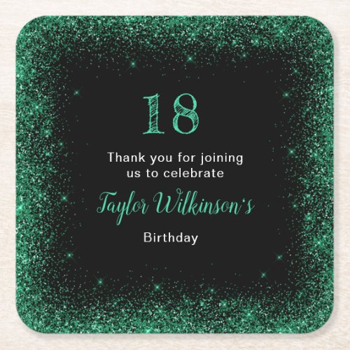 Dark Green Faux Glitter Birthday Party Square Paper Coaster