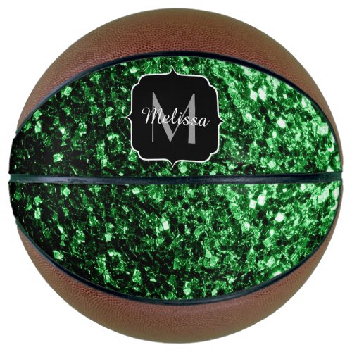 Dark green faux glitter sparkle Monogram name Basketball