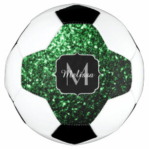 Dark green faux glitter sparkle Monogram name Soccer Ball