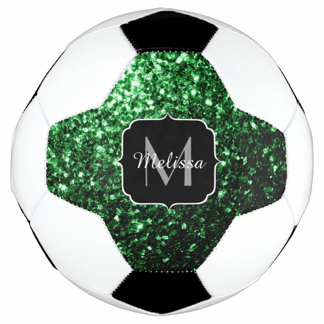 Dark green faux glitter sparkle Monogram name Soccer Ball (Front)