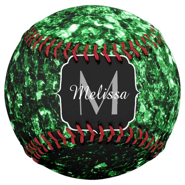 Dark green faux glitter sparkle Monogram name Softball (Front)