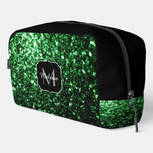 Dark green faux glitter sparkles black Monogram Dopp Kit