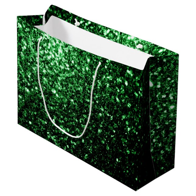 Dark green faux glitter sparkles large gift bag (Front Angled)