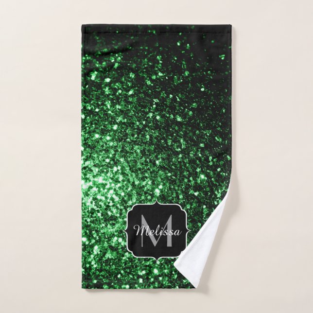 Dark green faux glitter sparkles Monogram Bath Towel Set (Hand Towel)
