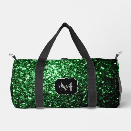 Dark green faux glitter sparkles Monogram Duffle Bag