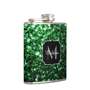 Dark green faux glitter sparkles Monogram Flask