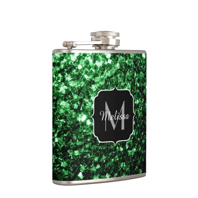 Dark green faux glitter sparkles Monogram Flask (Right)