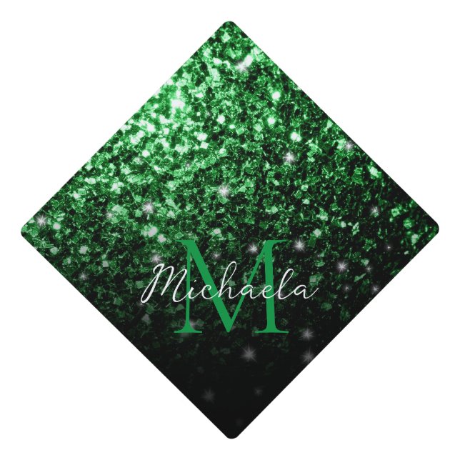 Dark green faux glitter sparkles Monogram Graduation Cap Topper (Front)