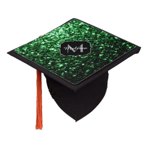 Dark green faux glitter sparkles Monogram Graduation Cap Topper