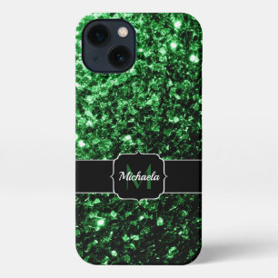 Dark green faux glitter sparkles Monogram iPhone 13 Case