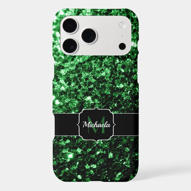 Dark green faux glitter sparkles Monogram iPhone Case (Back)