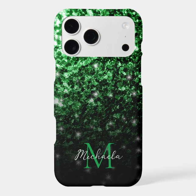 Dark green faux glitter sparkles Monogram iPhone Case (Back)