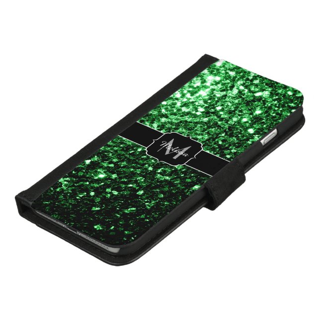 Dark green faux glitter sparkles Monogram iPhone Wallet Case (Bottom)