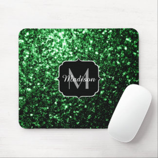Dark green faux glitter sparkles Monogram Mouse Pad