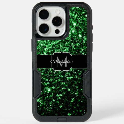 Dark green faux glitter sparkles Monogram iPhone 15 Pro Max Case