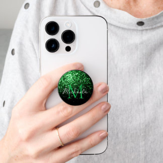 Dark green faux glitter sparkles Monogram PopSocket