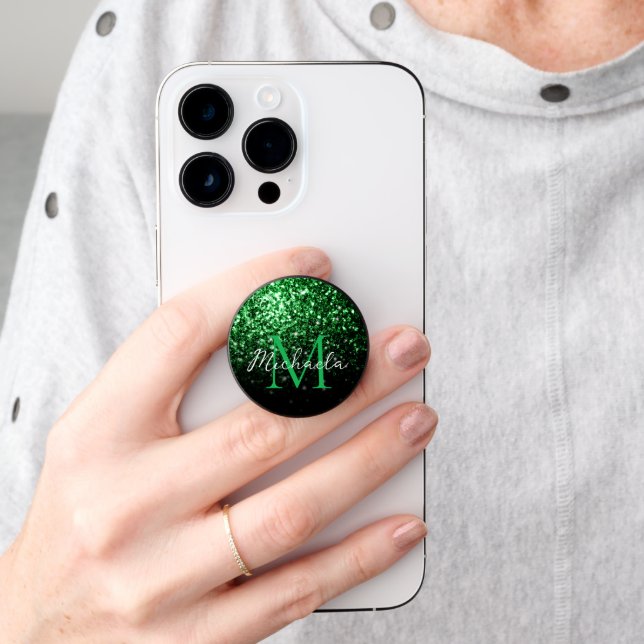 Dark green faux glitter sparkles Monogram PopSocket (Hand)