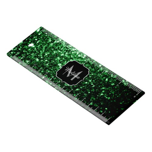 Dark green faux glitter sparkles Monogram Ruler