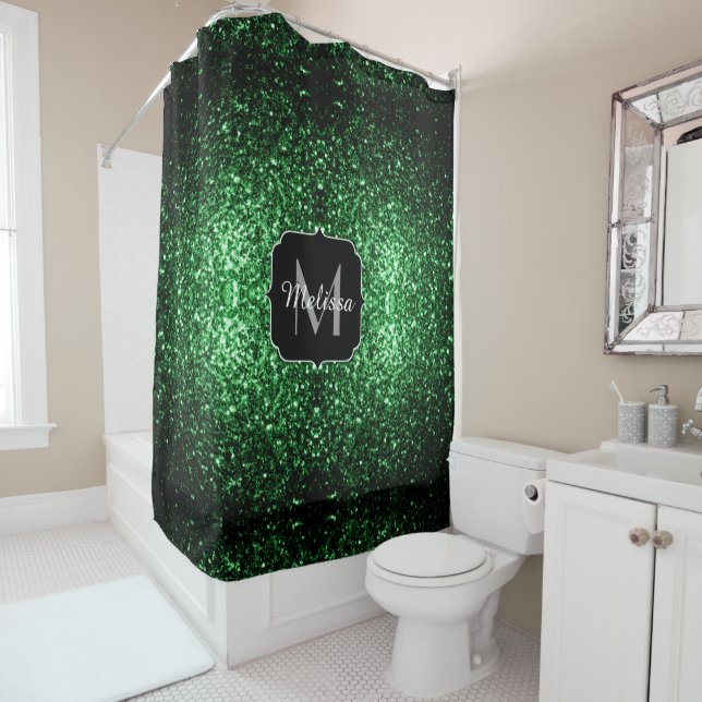 Dark green faux glitter sparkles Monogram Shower Curtain (In Situ)