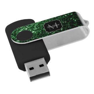 Dark green faux glitter sparkles Monogram USB Flash Drive