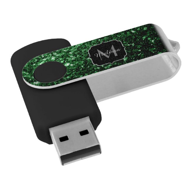Dark green faux glitter sparkles Monogram USB Flash Drive (Angled)