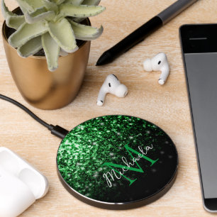 Dark green faux glitter sparkles Monogram Wireless Charger