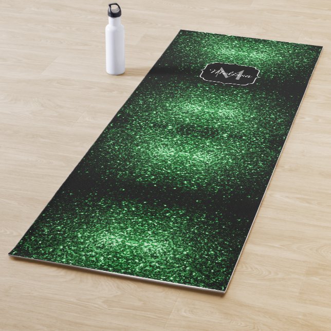 Dark green faux glitter sparkles Monogram Yoga Mat (In Situ)