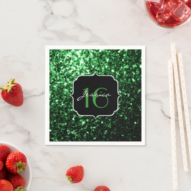 Dark green faux glitter sparkles Sweet 16 Napkins (Insitu)