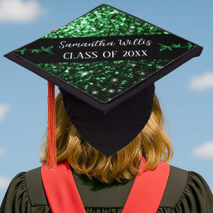 Dark green faux sparkles Custom name Class Graduation Cap Topper