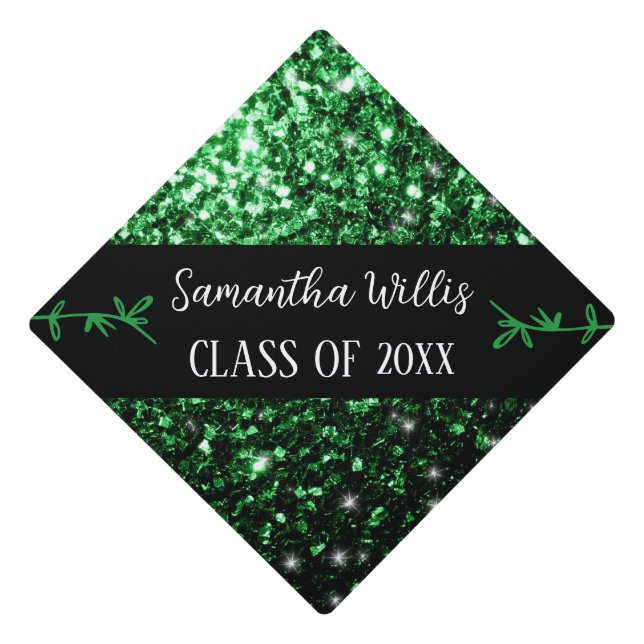Dark green faux sparkles Custom name Class Graduation Cap Topper (Front)