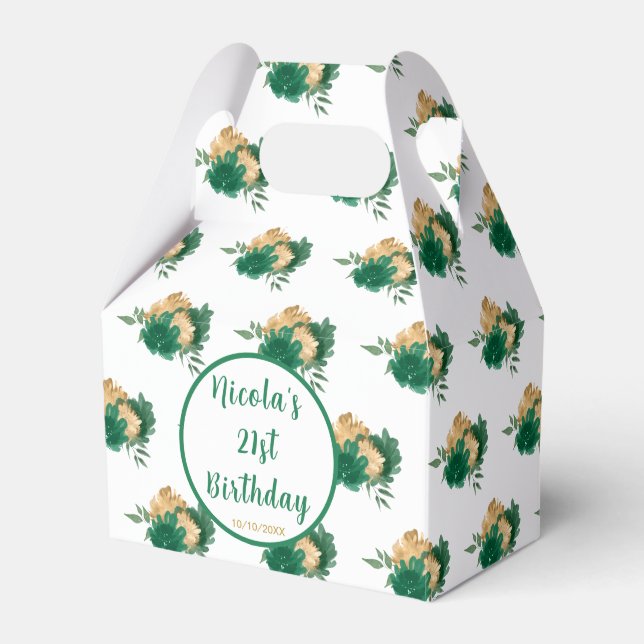 Dark Green Floral 21st Birthday Favor Boxes (Front Side)