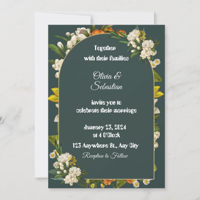 Dark Green Floral Arch Wedding Invitation (Front)