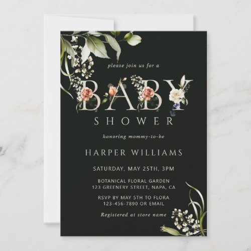 Dark Green Floral Botanical Letter Baby Shower Invitation