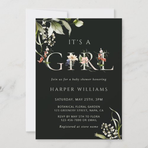 Dark Green Floral Botanical Letter Baby Shower Invitation