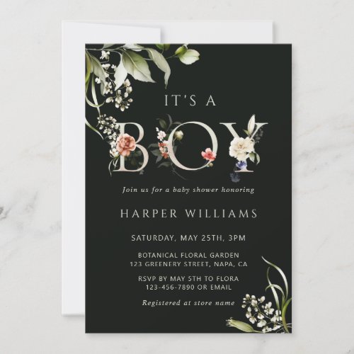 Dark Green Floral Botanical Letter Boy Baby Shower Invitation