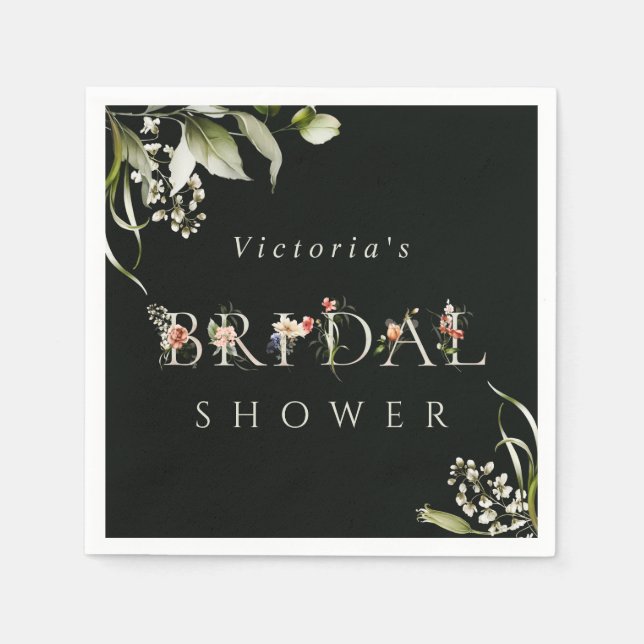 Dark Green Floral Botanical Letter Bridal Shower  Napkins (Front)