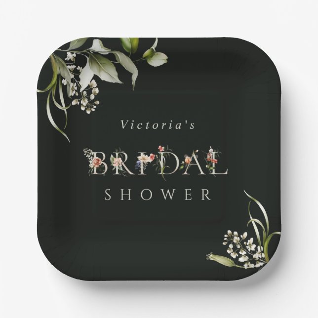 Dark Green Floral Botanical Letter Bridal Shower Paper Plates (Front)