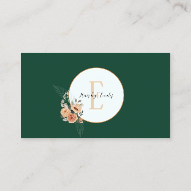 Dark Green floral circle monogram Business Card (Back)