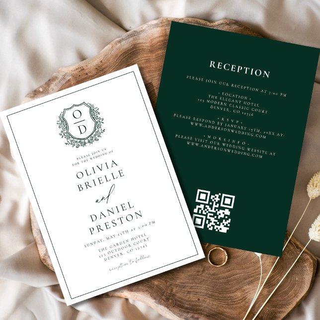 Dark Green Floral Crest Monogram Wedding QR Code Invitation (Creator Uploaded)