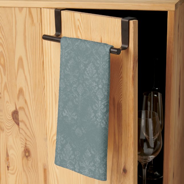Dark Green Floral Damask Pattern - Kitchen Towel (Thirds Fold)