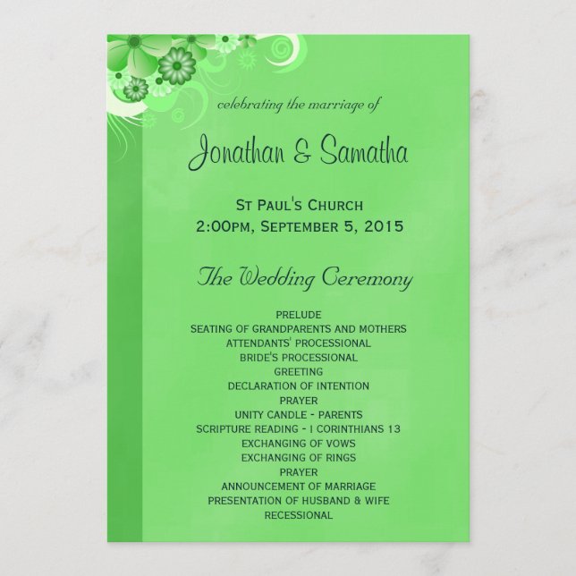 Dark Green Floral Flat Wedding Program Templates (Front)