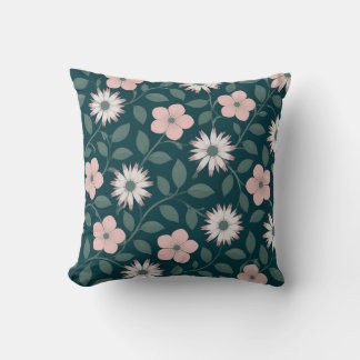 Dark Green Floral Pattern with Pink & White Flower Throw Pillow