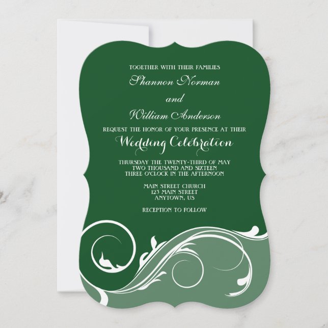 Dark Green Floral Swirl Bracket Wedding Invites (Front)