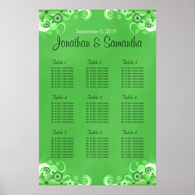 Dark Green Floral Wedding Table Seating Charts (Front)