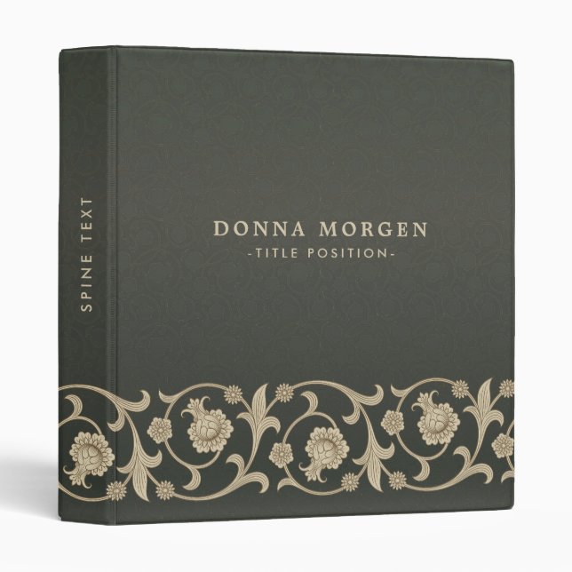 Dark Green Flower Pattern Elegant Floral Monogram 3 Ring Binder (Front/Spine)
