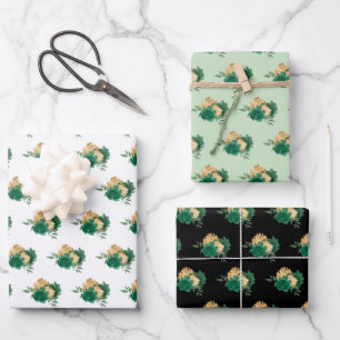 Dark Green Flowers and Greenery Pattern Wrapping Paper Sheets
