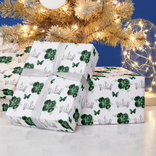 Dark Green Flowers and Silver Crowns Wrapping Paper