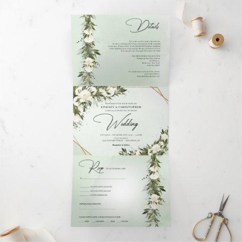 Dark green foliage olive white roses all in one Tri_Fold invitation