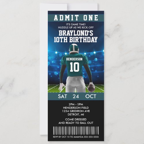 Dark Green Football Ticket Birthday Invitation